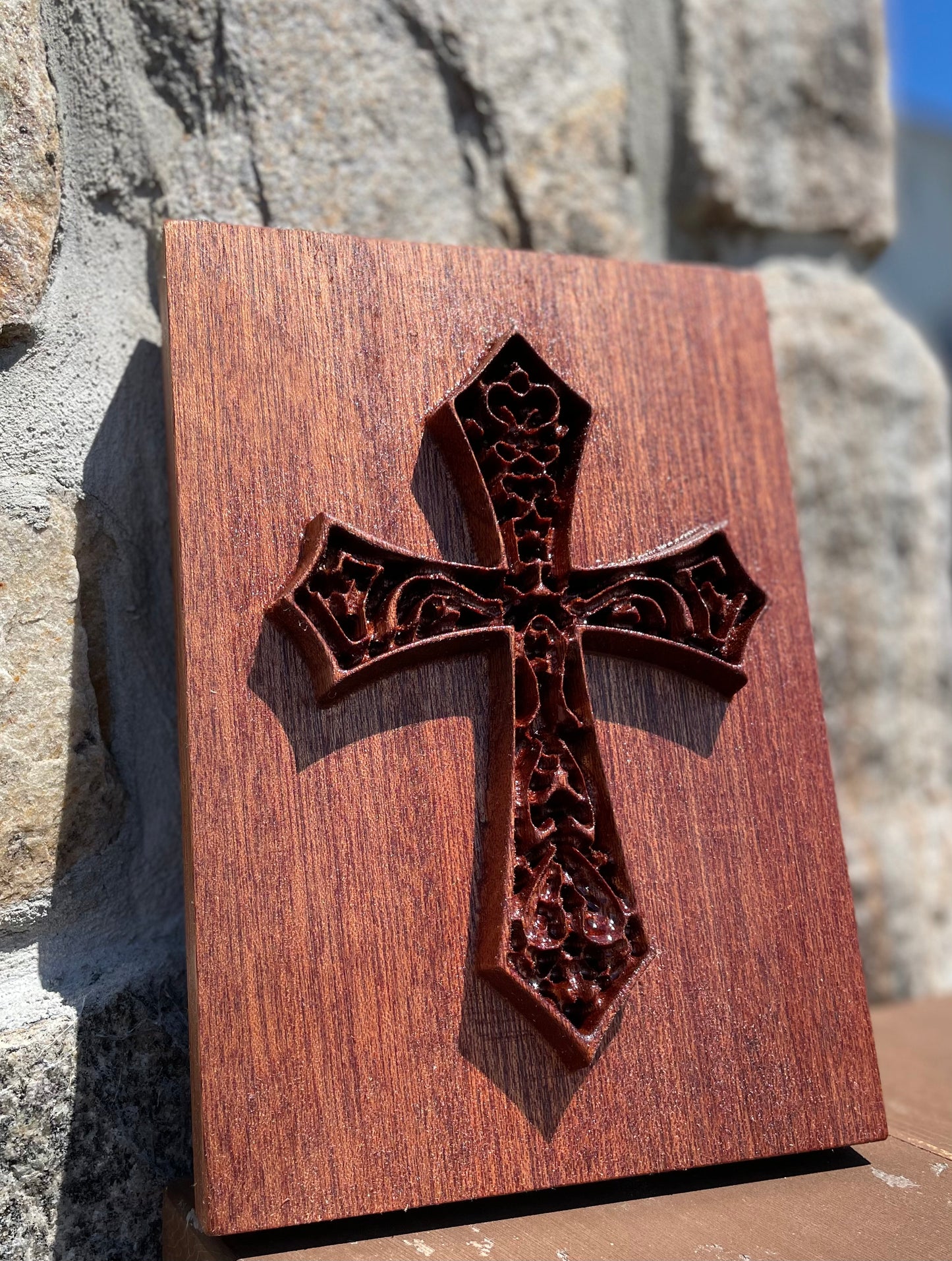 Mahogany Cross - Wood Carving - 3D Relief