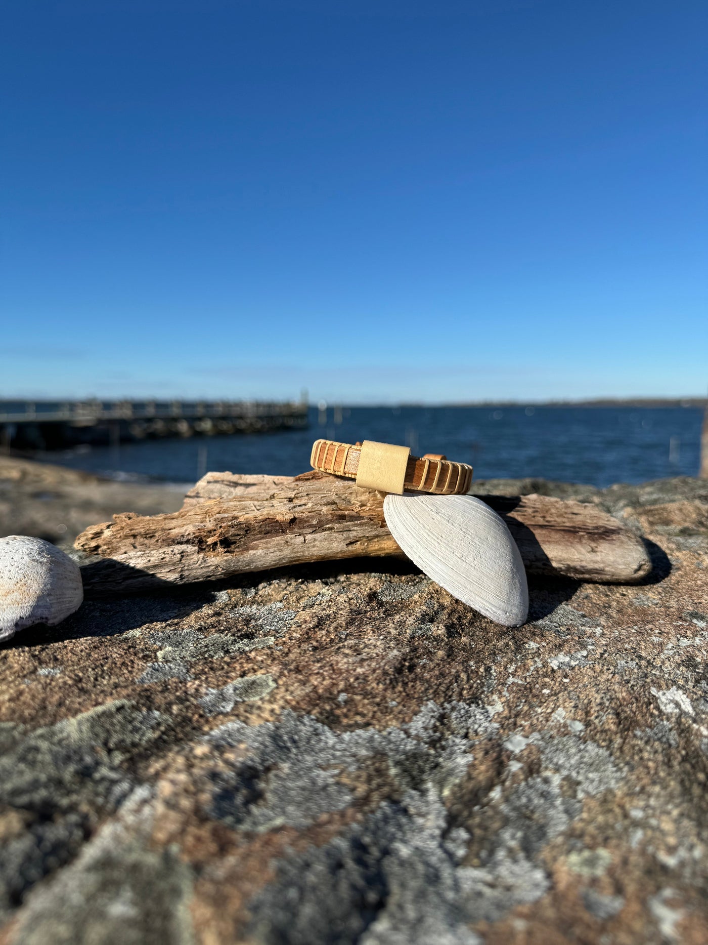 bracelet with slider bead balanced on driftwood and a shell - all on a rock in front of the ocean