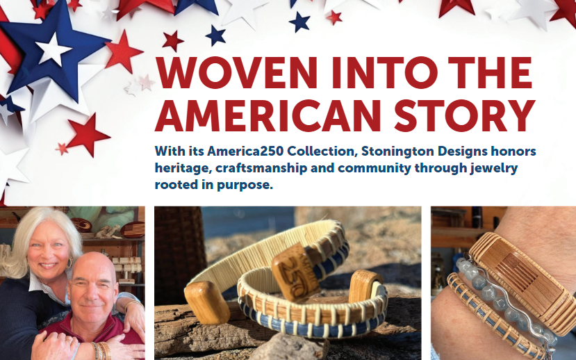 Advertisement for Stonington Designs jewelry with text and images of a couple and jewelry.