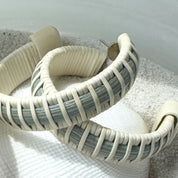 Summer Sky hand-dyed bamboo cane Seasons large hoop earrings with light weaver detailing, designed to coordinate with the Seasons bracelet collection — American-made by Military Spouse artisans in Stonington, Connecticut.