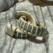 Beach Glass hand-dyed bamboo cane Seasons medium hoop earrings with light weaver detailing, a lightweight handwoven pair finished with holly wood end caps — American-made by Military Spouse artisans in Stonington, Connecticut.