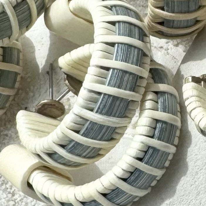 Summer Sky hand-dyed bamboo cane Seasons medium hoop earrings with light weaver detailing, a handwoven design with steady, easy-to-wear confidence — American-made by Military Spouse artisans in Stonington, Connecticut.