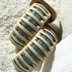 Summer Sky hand-dyed bamboo cane Seasons medium hoop earrings with natural weaver detailing, matched with cherry wood end caps — American-made by Military Spouse artisans in Stonington, Connecticut.