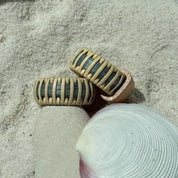 Summer Sky hand-dyed bamboo cane Seasons hoop earrings with natural weaver and cherry wood endcaps, designed to coordinate with the Seasons bracelet collection — American-made by Military Spouse artisans in Stonington, Connecticut.