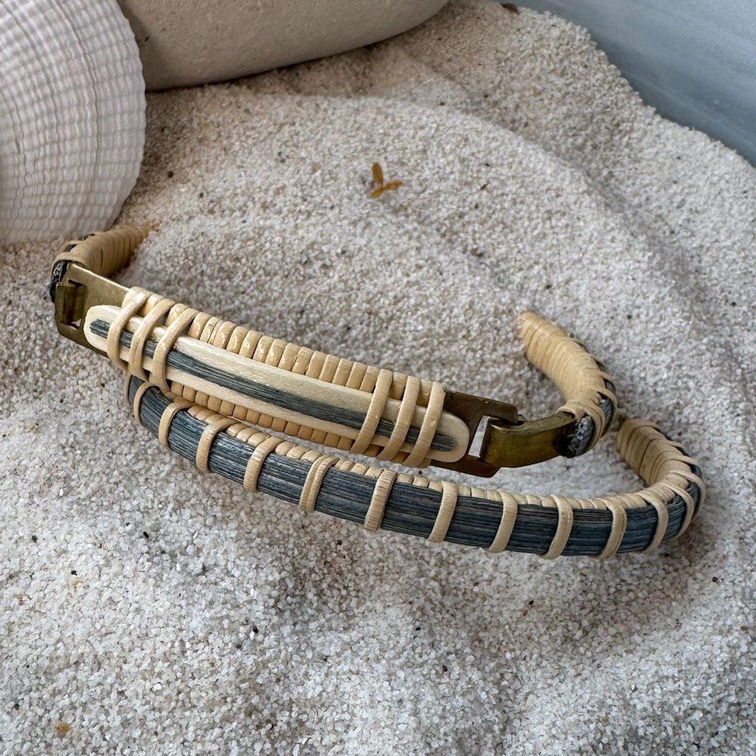 Summer Sky hand-dyed bamboo cane Surf clasp bracelet with a wave-patterned wooden clasp and natural weaver detailing — handcrafted by Military Spouse artisans in Stonington, Connecticut using American-made materials.