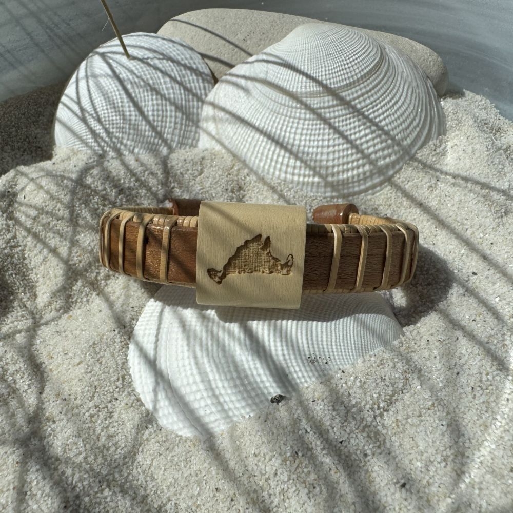 Cherry wood Vineyard etched cuff bracelet with a hand-etched holly wood centerpiece featuring a Martha's Vineyard island design — American-made by Military Spouse artisans in Stonington, Connecticut.