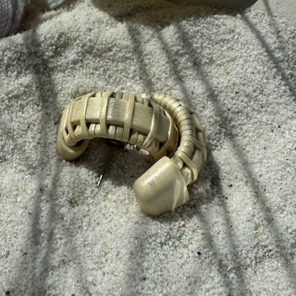 Holly wood Seasons small hoop earrings finished with a light weaver wrap, a lightweight handcrafted pair designed for all-day wear — American-made by Military Spouse artisans in Stonington, Connecticut.