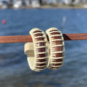 Rosewood Seasons medium hoop earrings handwoven with a light cane wrap, a graceful medium-size design you'll reach for again and again — American-made by Military Spouse artisans in Stonington, Connecticut.