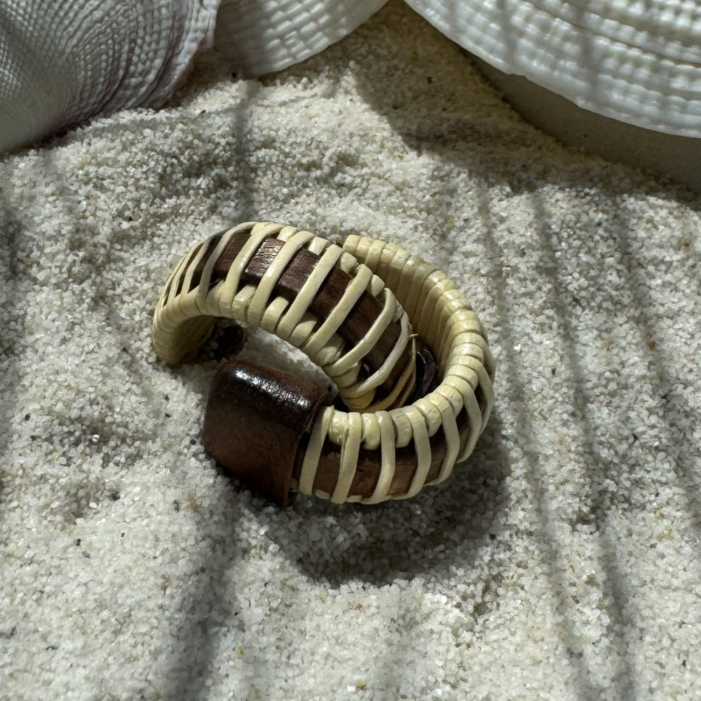 Rosewood Seasons small hoop earrings finished with a light weaver wrap, an understated handcrafted pair with matching holly wood end caps — American-made by Military Spouse artisans in Stonington, Connecticut.
