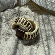 Rosewood Seasons small hoop earrings finished with a light weaver wrap, an understated handcrafted pair with matching holly wood end caps — American-made by Military Spouse artisans in Stonington, Connecticut.