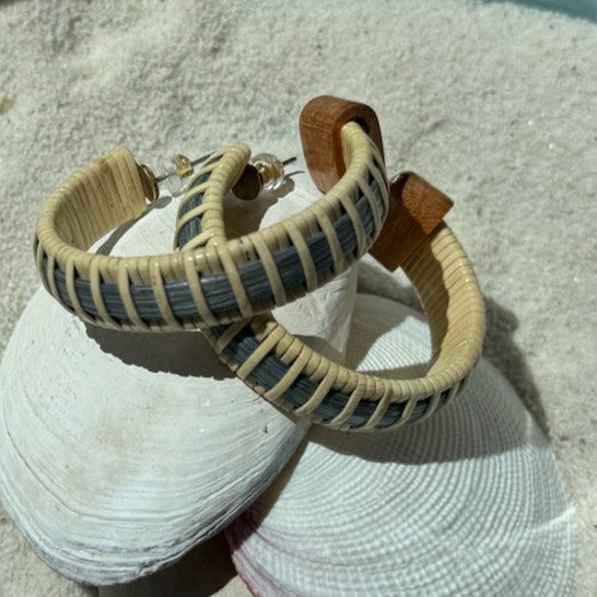 Summer Sky hand-dyed bamboo cane Seasons large hoop earrings with natural weaver detailing, designed to coordinate with the Seasons bracelet collection — American-made by Military Spouse artisans in Stonington, Connecticut.