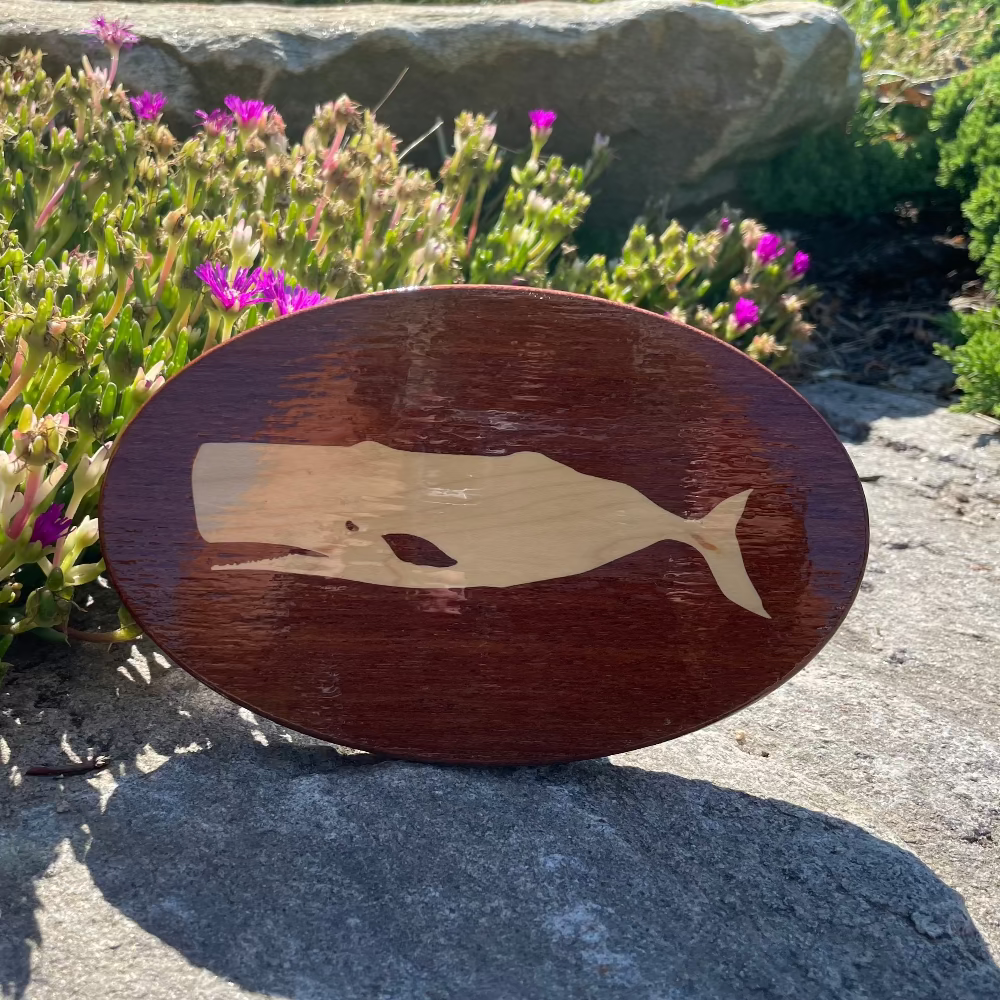 A wooden hitch cover with a cut-out whale design, placed on a rocky surface with flowers and a blue sky in the background.