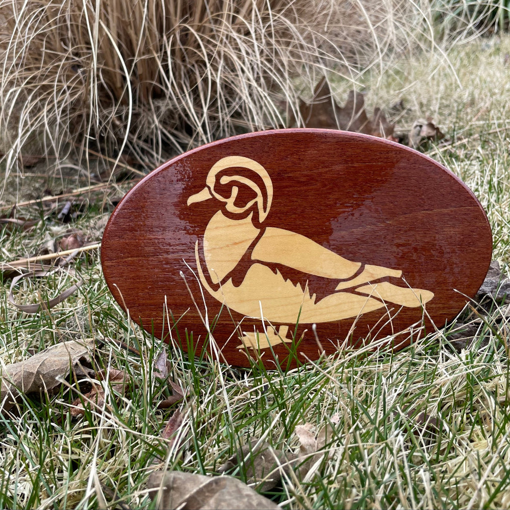 A wooden hitch cover featuring a cut-out of a wood duck, placed on a grassy area with dry leaves scattered around.