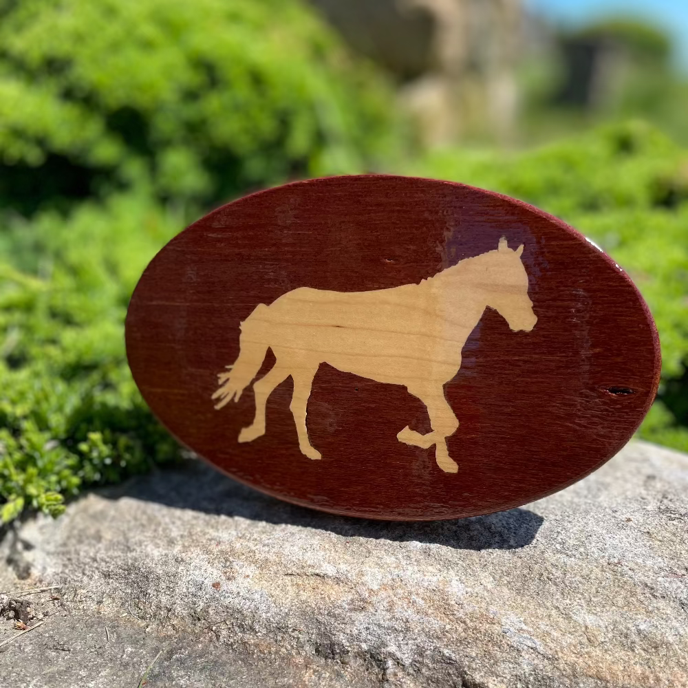 A brown, solid mahogany hitch cover in a horse design, placed on a rock with foliage in the background.