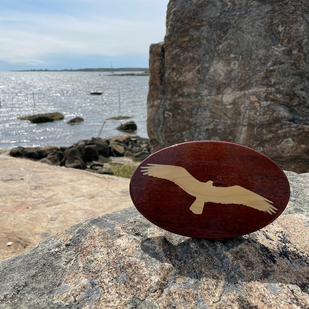 osprey on inlay wood hitch cover balanaced on rock with water behind it