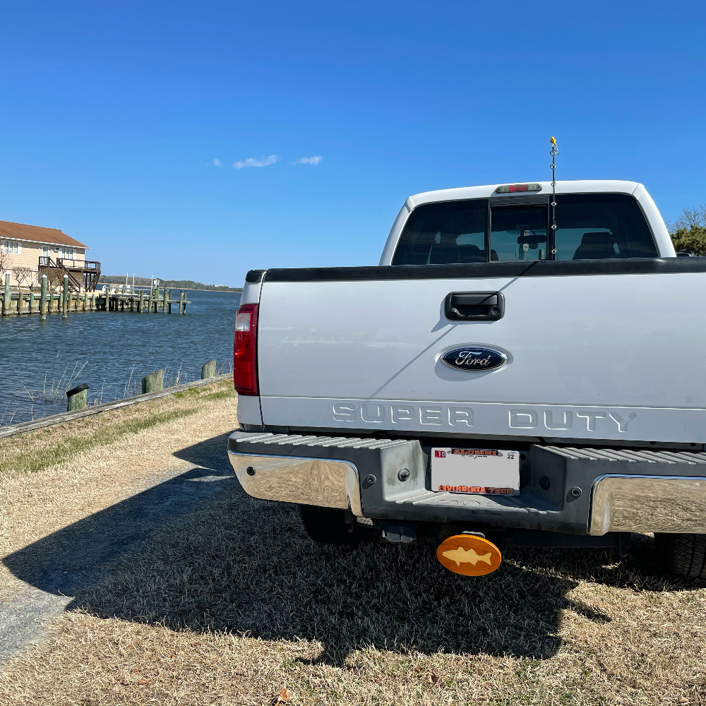 Sailfish hitch cover on back of a pickup trusk near water